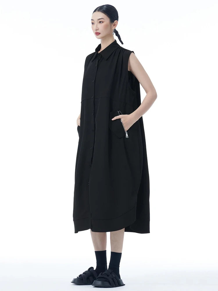 Women Dark Gray Zipper Pocket Big Size Midi Shirt Dress New Lapel Sleeveless Fashion Tide Spring Summer 2025 1DJ0950