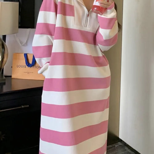 Load image into Gallery viewer, Autumn Korean Style Oversize Striped Zip Sport School Student Dress Kpop Streetwear Casual Loose Midi Dresses
