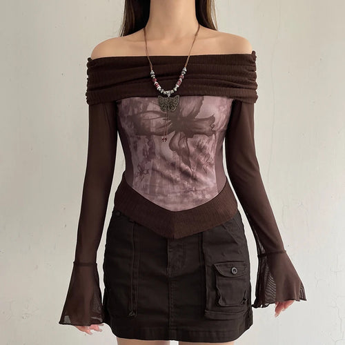 Load image into Gallery viewer, Grunge Fairycore Autumn T shirt Female Butterfly Print Mesh Top Off Shoulder Vintage Party Shirt Transparent Y2K Sexy
