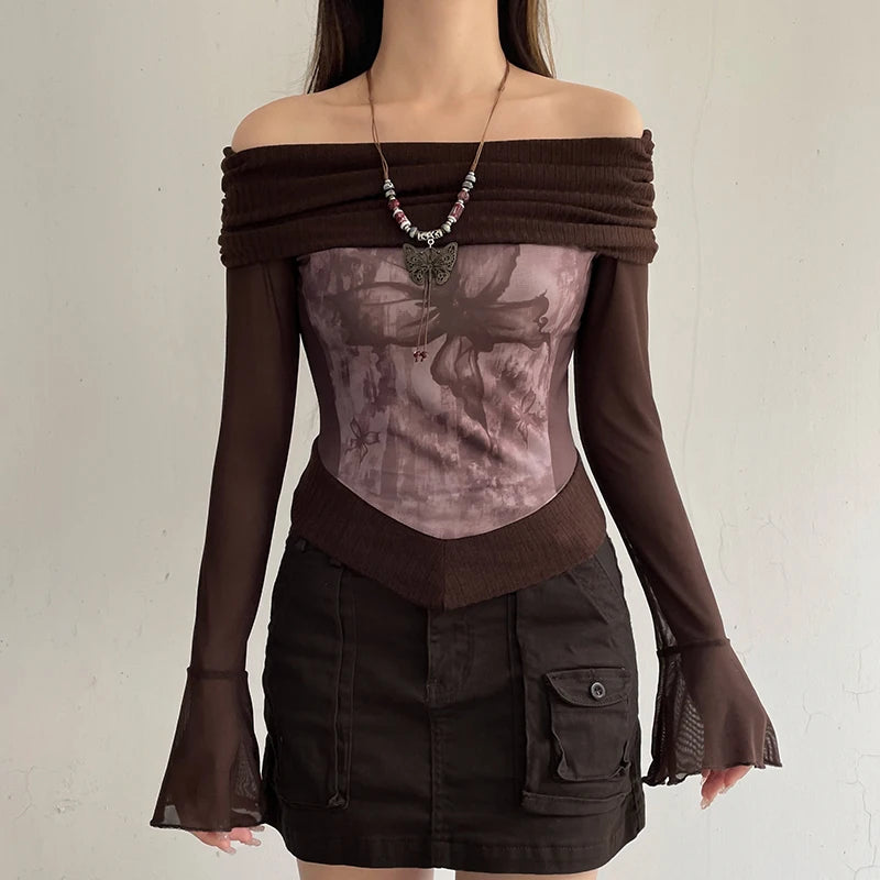 Grunge Fairycore Autumn T shirt Female Butterfly Print Mesh Top Off Shoulder Vintage Party Shirt Transparent Y2K Sexy