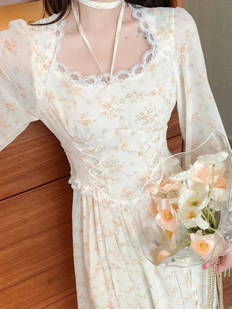 Spring Elegant Women's Y2K Midi Dress Korean Fashion Retro Sweet Flower Party Full Sleeve Dress Women Casual Lace Dresses