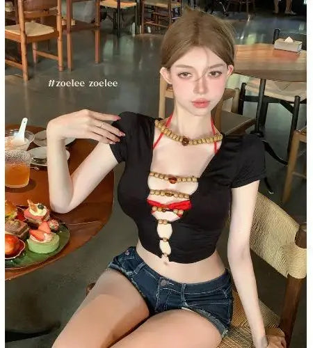 Y2k Tshirts Women's Clothes Crop Tops Fashion Summer Tees Casual Korean Camisetas Ropa Mujer Hollow Out Deep V-neck Sexy T-shirt