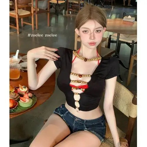 Load image into Gallery viewer, Y2k Tshirts Women's Clothes Crop Tops Fashion Summer Tees Casual Korean Camisetas Ropa Mujer Hollow Out Deep V-neck Sexy T-shirt
