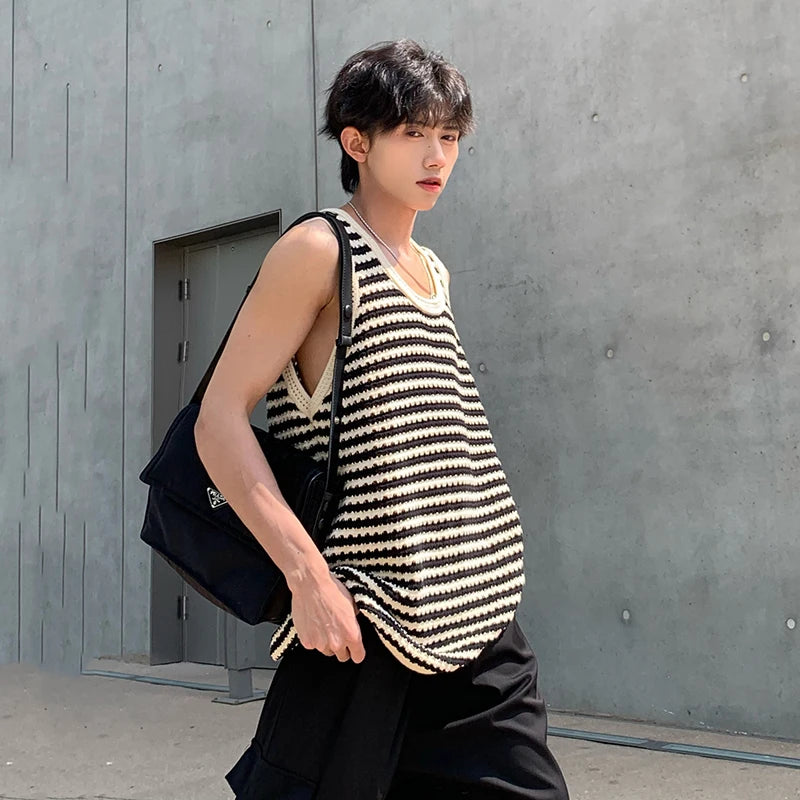 Summer Vest Loose Fashion Tank Top Sleeveless Stripe T-shirt Hollow Out Design Casual Man's Top Loose 9C5367