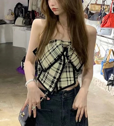 Plaid Top Women y2k Clothes Bow Front Off Shoulder Strapless Sleeveless Bandeau Vest Fairycore Clothing Streetwear