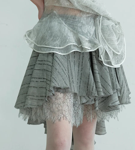 Low Waist Gray Lace Irregular Spliced Pleated Mini Half-body Skirt Women Fashion Tide New Spring Autumn 2025 1DJ0689