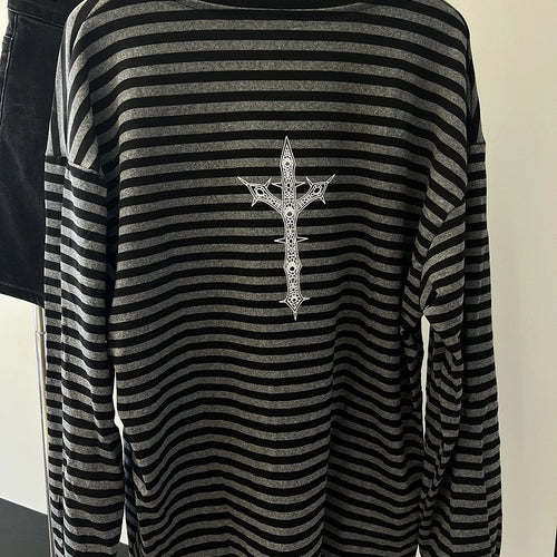 Load image into Gallery viewer, Women Streetwear Punk Stripe T-shirts Spring Y2k Aesthetic Crucifix Printing Casual Tops Oversize Vintage Grunge Trendy Tees
