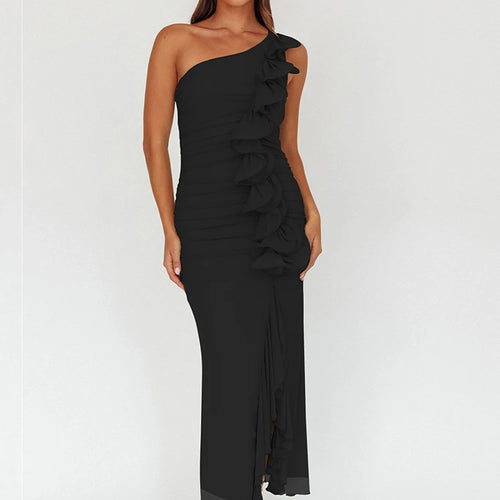 Load image into Gallery viewer, One Shoulder Draped Ruffle Maxi Dress Women Gown Fashion Diagonal Collar Backless Sleeveless Split Long Dress Elegant
