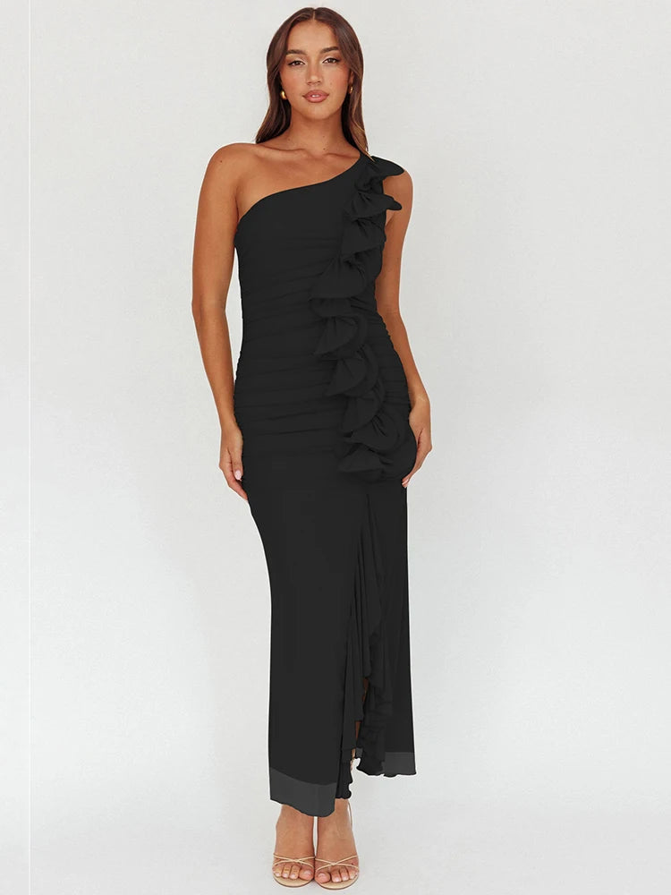 One Shoulder Draped Ruffle Maxi Dress Women Gown Fashion Diagonal Collar Backless Sleeveless Split Long Dress Elegant