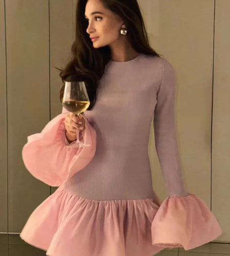 Long Flare Sleeve Knitted Sexy Mini Dress For Women Autumn Winter New Patchwork O Neck A-line Knit Puffy Dress Elegant