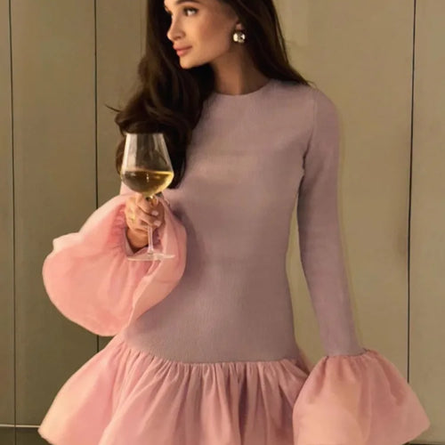 Load image into Gallery viewer, Long Flare Sleeve Knitted Sexy Mini Dress For Women Autumn Winter New Patchwork O Neck A-line Knit Puffy Dress Elegant
