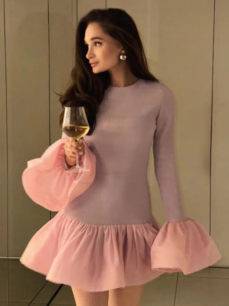 Long Flare Sleeve Knitted Sexy Mini Dress For Women Autumn Winter New Patchwork O Neck A-line Knit Puffy Dress Elegant