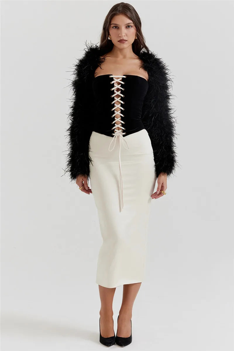 Elegant Sexy Skirt Two Piece Set Women Strapless Bandage Crop Top And Maxi Skirt Female Fashion Club Party Sexy Sets