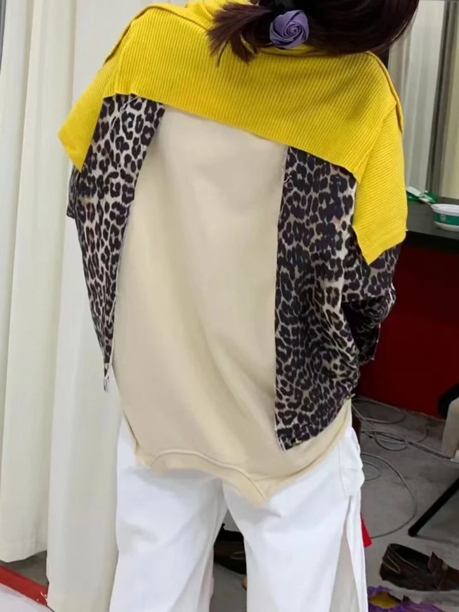 Hit Color Leopard Spliced Zipper Casual Jackets for Women Lapel Long Sleeves Patchwork Pocket Fashion Jacket Female