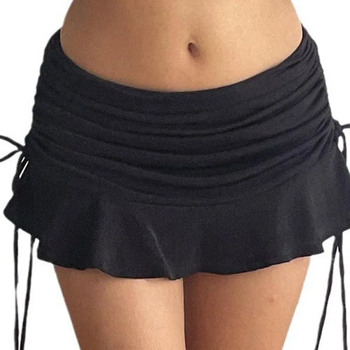 Load image into Gallery viewer, Low Waisted Ruffles Mini Skirt Black Skinny Drawstring Sexy Y2K Short Skirts Fashion Summer Casual Outfits Ladies
