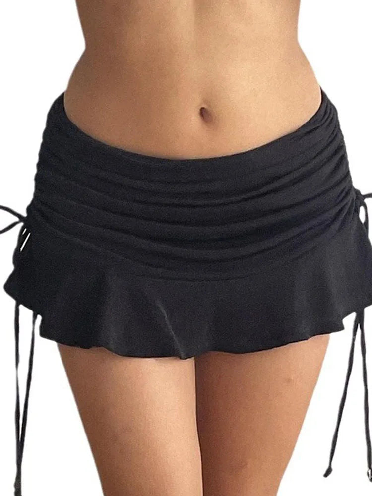 Low Waisted Ruffles Mini Skirt Black Skinny Drawstring Sexy Y2K Short Skirts Fashion Summer Casual Outfits Ladies