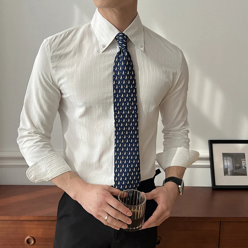 Men's Shirts Long Sleeve Striped Design Lapel Trendy Single Breasted Handsome Male Casual Clothing Summer 9W1876