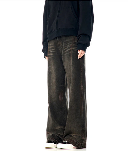 American Style Men Denim Pants Solid Color Zipper Pocket Washing Trousers Straight Wide Leg Male Bottom 2025 Summer 9C8855