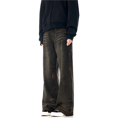American Style Men Denim Pants Solid Color Zipper Pocket Washing Trousers Straight Wide Leg Male Bottom 2025 Summer 9C8855