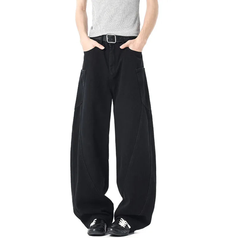 Men's Jeans New American High Street Design Loose Solid Color Washed Casual Male Straight Leg Denim Pants Spring 2025