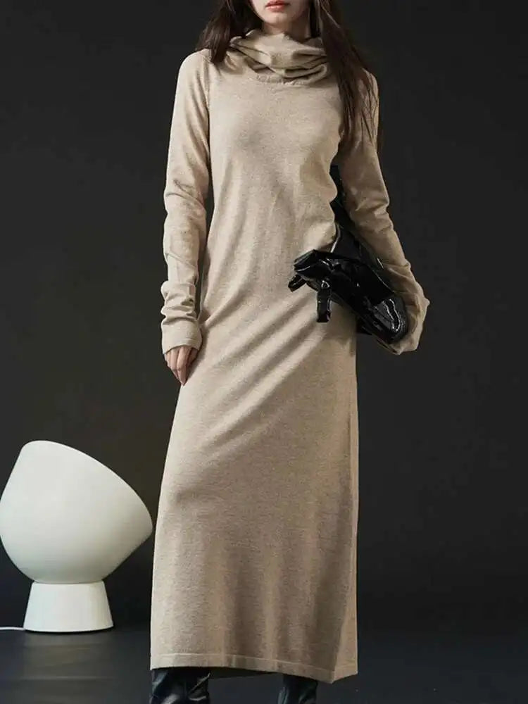 Women Oat Color Knitting Ankle Length Dress New Hooded Long Sleeve Loose Fit Fashion Tide Spring Autumn 2025 1DH3764