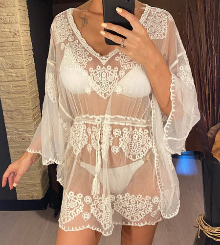 Embroidery V Neck Long Sleeve See Through Tunic Beach Cover Up Cover-ups Beach Dress Beach Wear Beachwear Female Women V5330