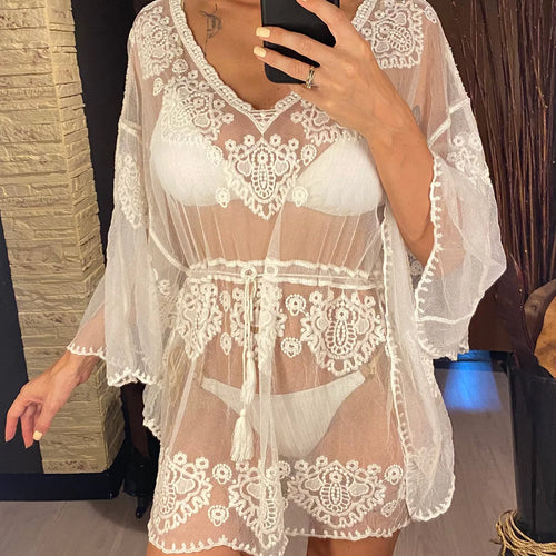 Load image into Gallery viewer, Embroidery V Neck Long Sleeve See Through Tunic Beach Cover Up Cover-ups Beach Dress Beach Wear Beachwear Female Women V5330
