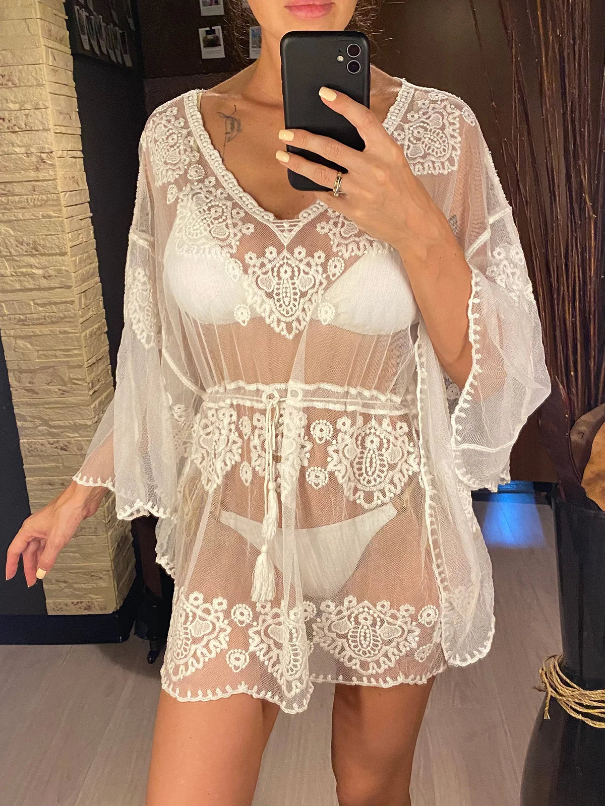 Embroidery V Neck Long Sleeve See Through Tunic Beach Cover Up Cover-ups Beach Dress Beach Wear Beachwear Female Women V5330