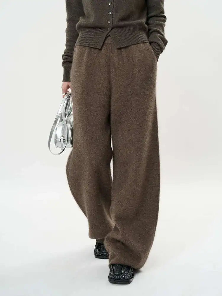 High Elastic Waist Beige 36% Wool Long Knitting Wide Leg Pants New Trousers Women Fashion Tide Autumn Winter 2025 1DH8230
