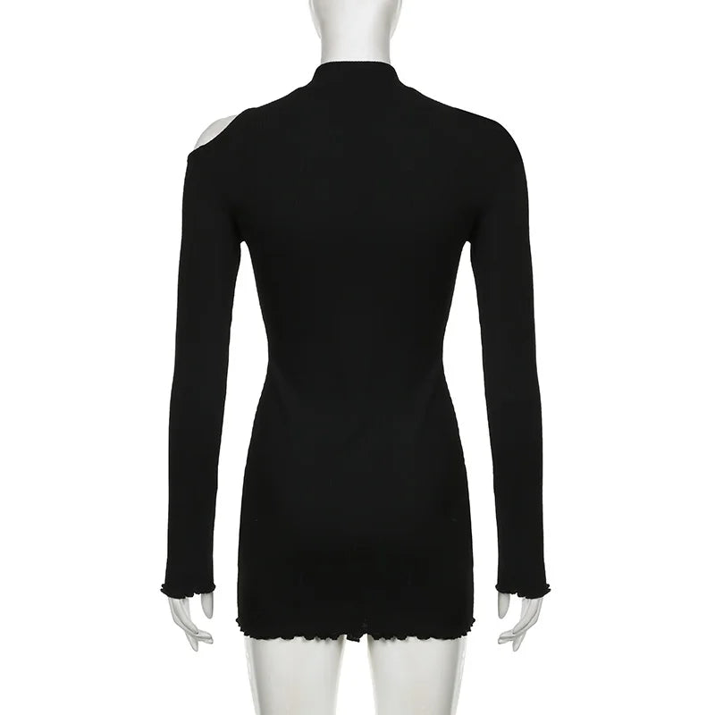Black Bodycon Long Sleeve Spring Dress Women Cut Out Stand Collar Basic Fashion Mini Dresses Split Basic Elegant New