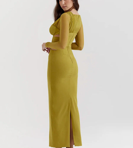 Elegant Long Sleeved Hollow Out Mesh Patchwork Dress For Women Bodycon Zipper Vestidos Female Slim Party Evening Dress