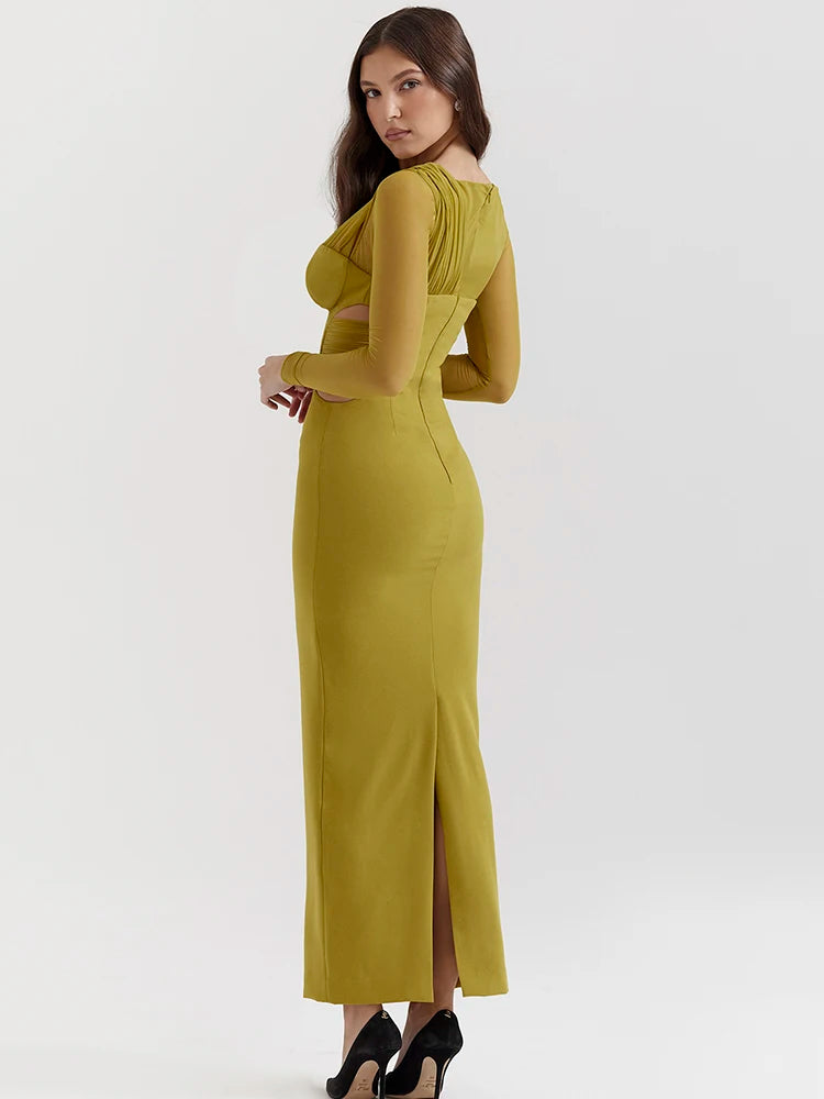 Elegant Long Sleeved Hollow Out Mesh Patchwork Dress For Women Bodycon Zipper Vestidos Female Slim Party Evening Dress