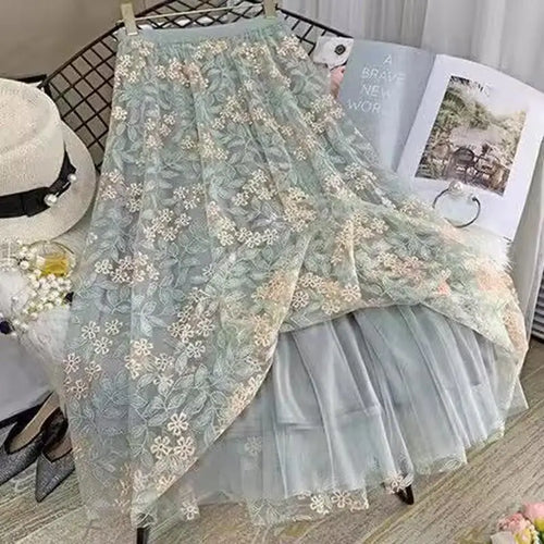 Load image into Gallery viewer, Elastic High Waist Skirt Ladies Summer Vintage Jacquard Butterfly Tulle Skirts Womens Fashion Embroidery Mesh Midi Skirt Women

