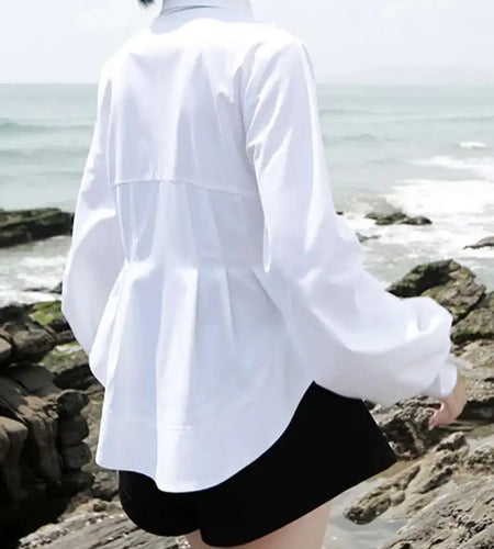 Women White Pleated Round Hem Blouse New Lapel Long Lantern Sleeve Loose Fit Shirt Fashion Tide Spring Autumn 2025 1T156