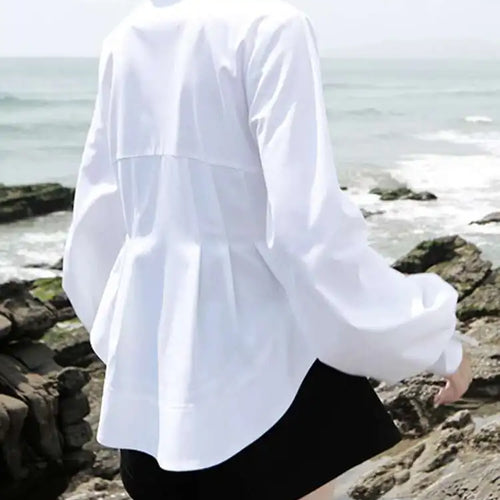 Load image into Gallery viewer, Women White Pleated Round Hem Blouse New Lapel Long Lantern Sleeve Loose Fit Shirt Fashion Tide Spring Autumn 2025 1T156
