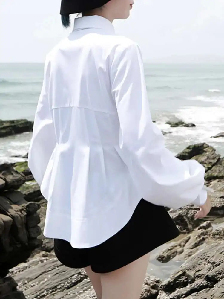 Women White Pleated Round Hem Blouse New Lapel Long Lantern Sleeve Loose Fit Shirt Fashion Tide Spring Autumn 2025 1T156
