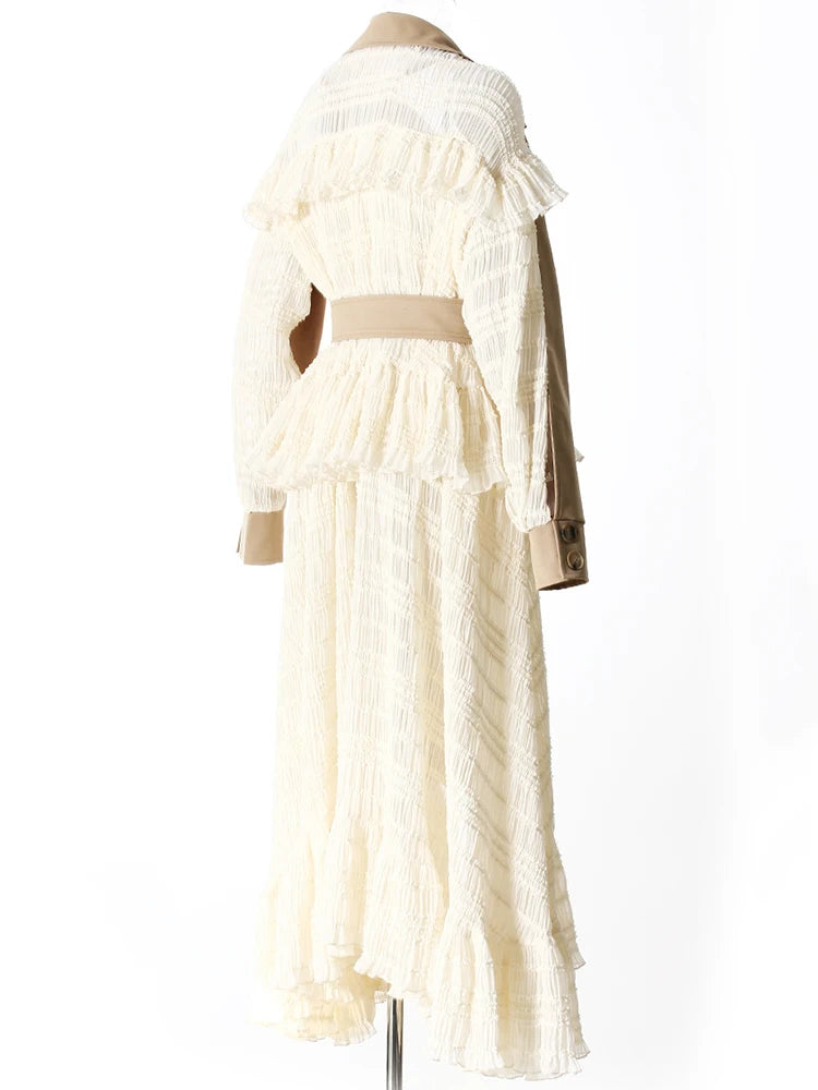 Women Khaki Lace Ruffles Big Size Long Trench New Lapel Long Sleeve Windbreaker Fashion Tide Spring Autumn 2025 7AB8040