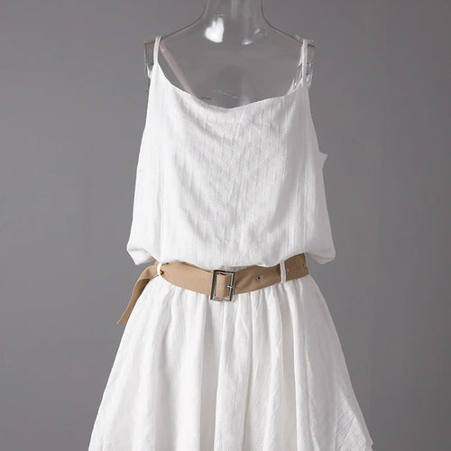 Load image into Gallery viewer, Women White Belted Elegant Spaghetti Strap Mini Dress New Round Neck Sleeveless Fashion Tide Spring Summer 2025 CPG3145
