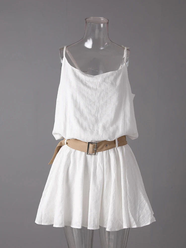 Women White Belted Elegant Spaghetti Strap Mini Dress New Round Neck Sleeveless Fashion Tide Spring Summer 2025 CPG3145