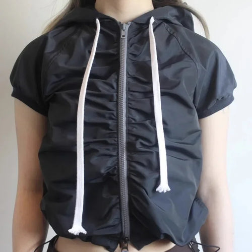 Load image into Gallery viewer, Korean Y2k Jackets Women Clothing Short Sleeve Hooded Zipper Folds Outwear 2024 Ropa Mujer Casual Tunic Fashion Summer Coats
