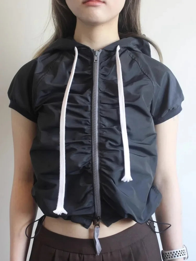 Korean Y2k Jackets Women Clothing Short Sleeve Hooded Zipper Folds Outwear 2024 Ropa Mujer Casual Tunic Fashion Summer Coats