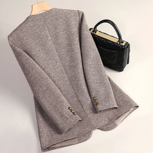 Load image into Gallery viewer, Korean Fashion Women Brown Long Sleeve Slim Woolen Blazer Coat 2024 New Autumn Winter Ladies Grey V Neck Single Button Jacket
