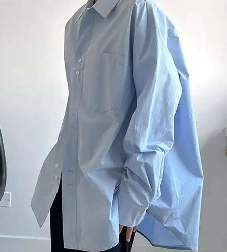 Women Blue Big Size Casual Thin Blouse New Lapel Long Sleeve Loose Fit Shirt Fashion Tide Spring Autumn 2025 1DH1735