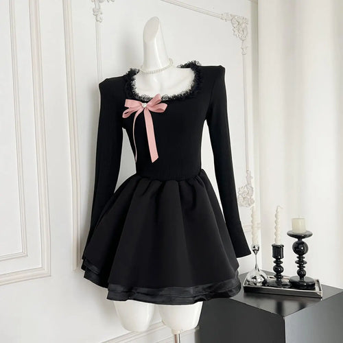 Load image into Gallery viewer, Vintage Black Elegant Long Sleeves O Neck Slim Short Dress Fashion High Waist Bow Ruffles Evening Dress Autumn Winter Clothing
