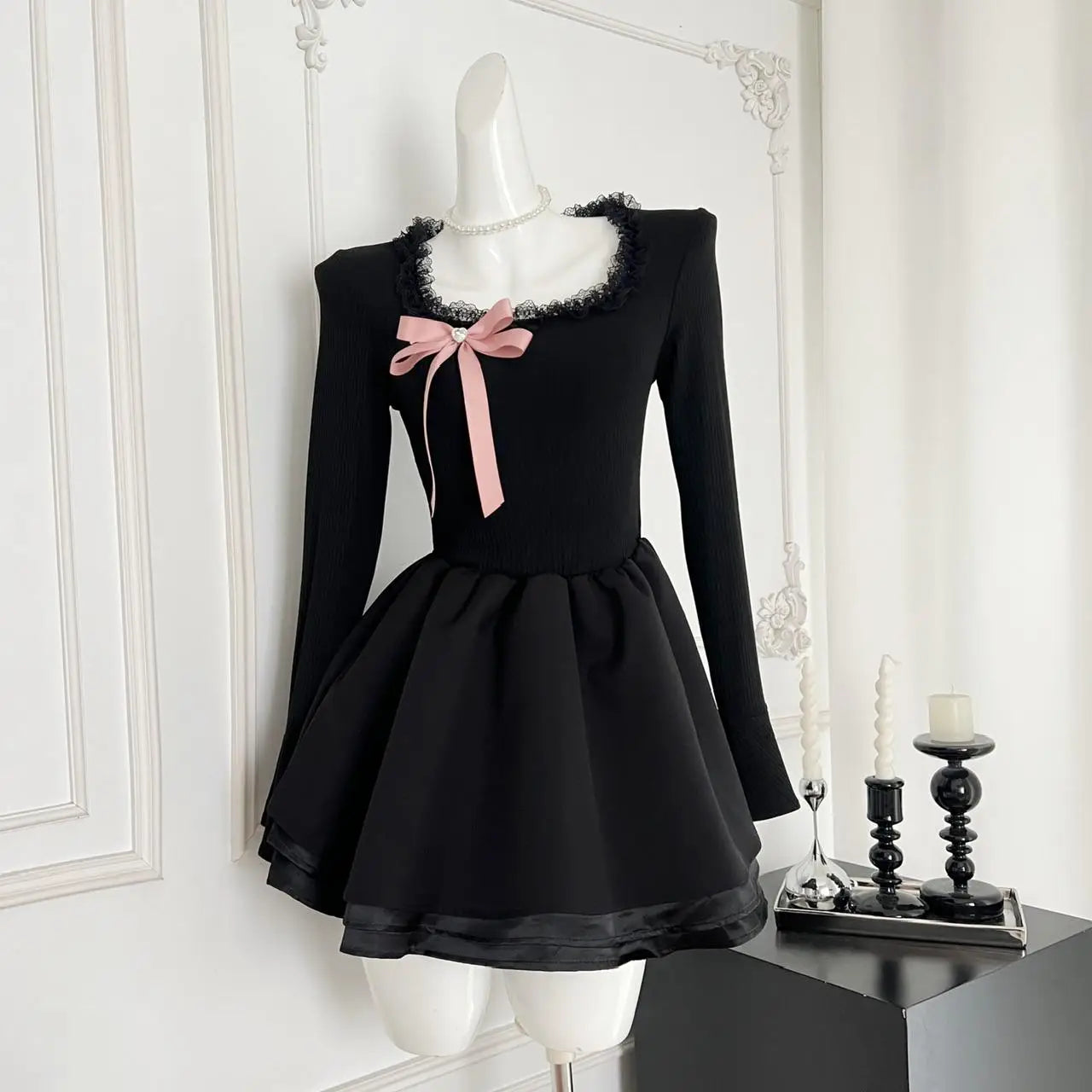 Vintage Black Elegant Long Sleeves O Neck Slim Short Dress Fashion High Waist Bow Ruffles Evening Dress Autumn Winter Clothing