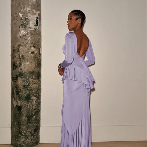 Load image into Gallery viewer, Backless Ruffled Sexy Maxi Dress For Women Gown Fashion O Neck Long Sleeve Thigh High Split Evening Long Dress Elegant
