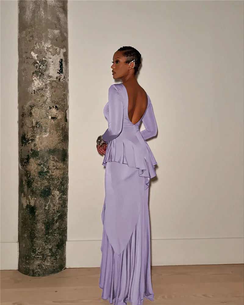 Backless Ruffled Sexy Maxi Dress For Women Gown Fashion O Neck Long Sleeve Thigh High Split Evening Long Dress Elegant