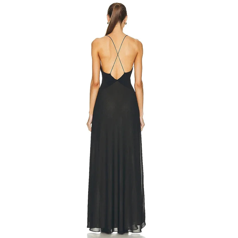Deep V Neck Tie Flower Backless Maxi Dress Women New Spaghetti Strap Sleeveless Long Dress Elegant Sexy Club Slipdress