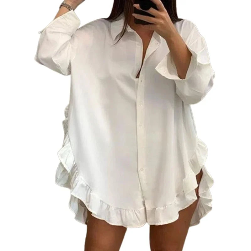 Fall Party Prom White Mini Dresses Women 2024 Falbala Lapel Long Sleeve Casual Shirts Dress clearance sale