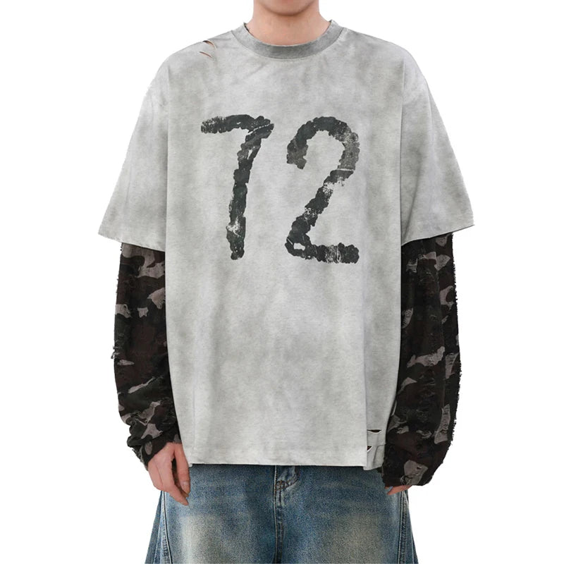 Men's Long Sleeve T-shirts American Digital Printing Fake Two-pieced Male Design Pullover Handsome Menwear 9W1471